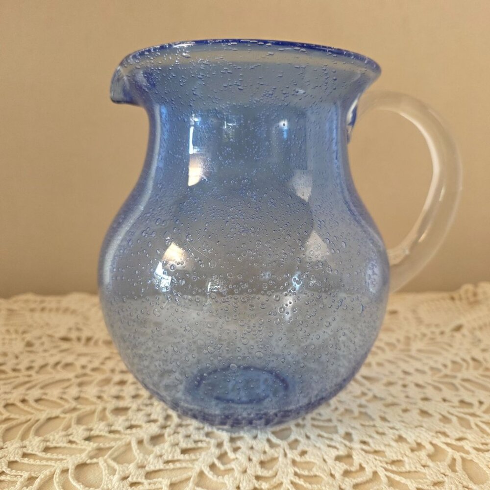 Vintage Cobalt Handblown Bubble Glass Pitcher With Clear Applied Handle - Picture 6 of 16